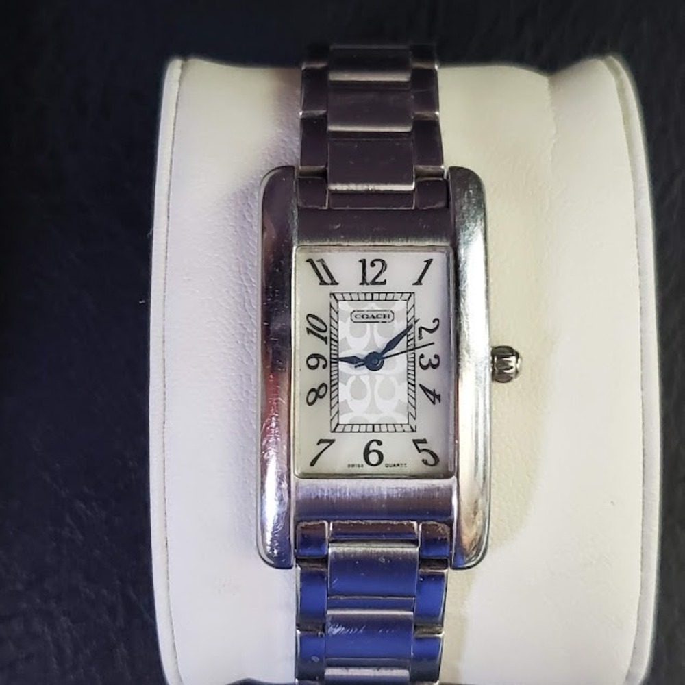Coach Silver Tone Stainless Steel Swiss Quartz Rectangular Watch Fresh Battery